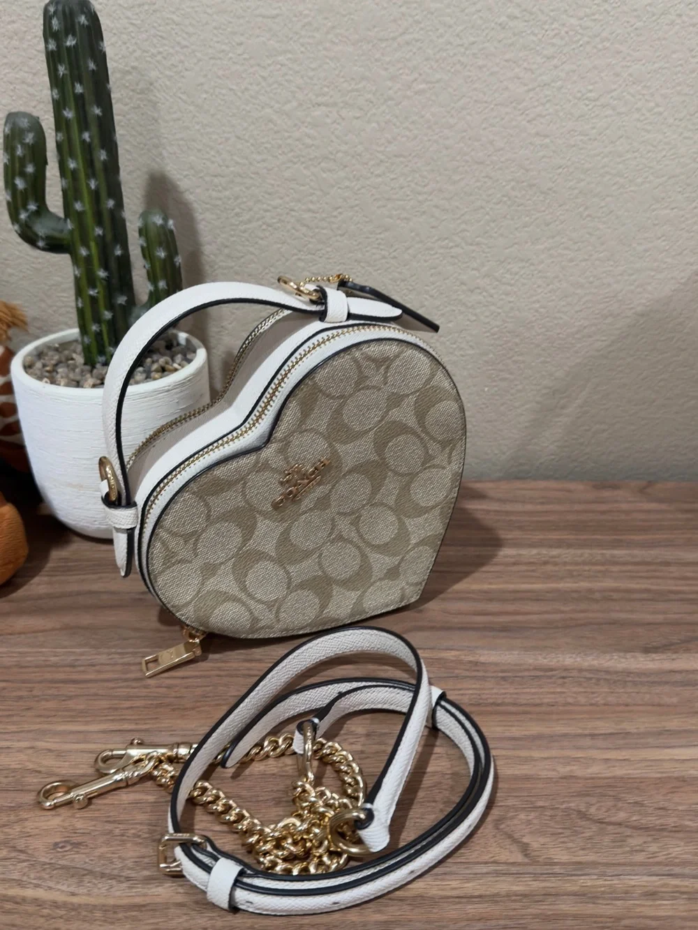 Coach Beige Signature Heart Mini Crossbody with Gold Logo